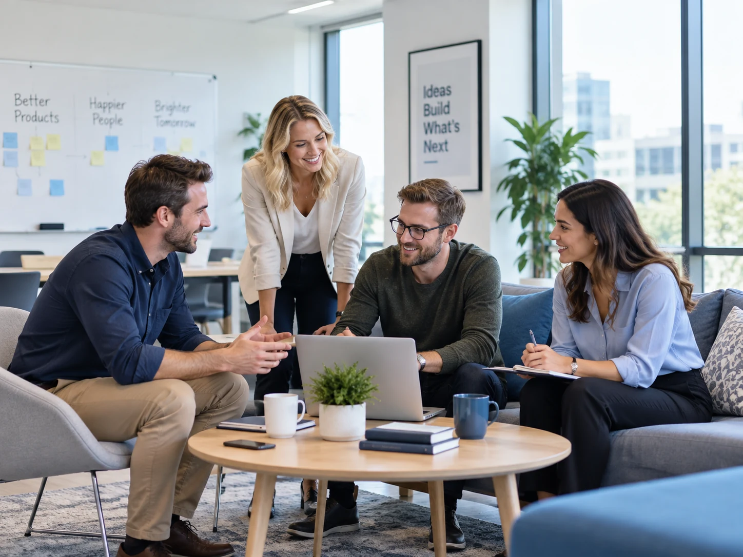 Four colleagues discussing ideas around a laptop in a bright office