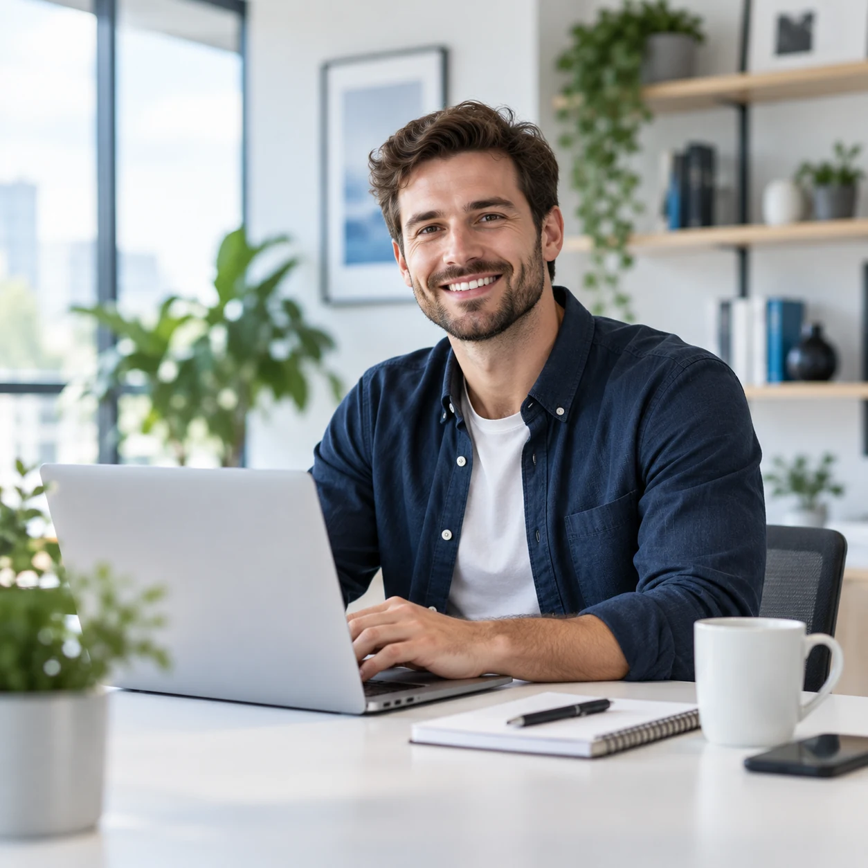 A colleague in a blue shirt working on a laptop in an office