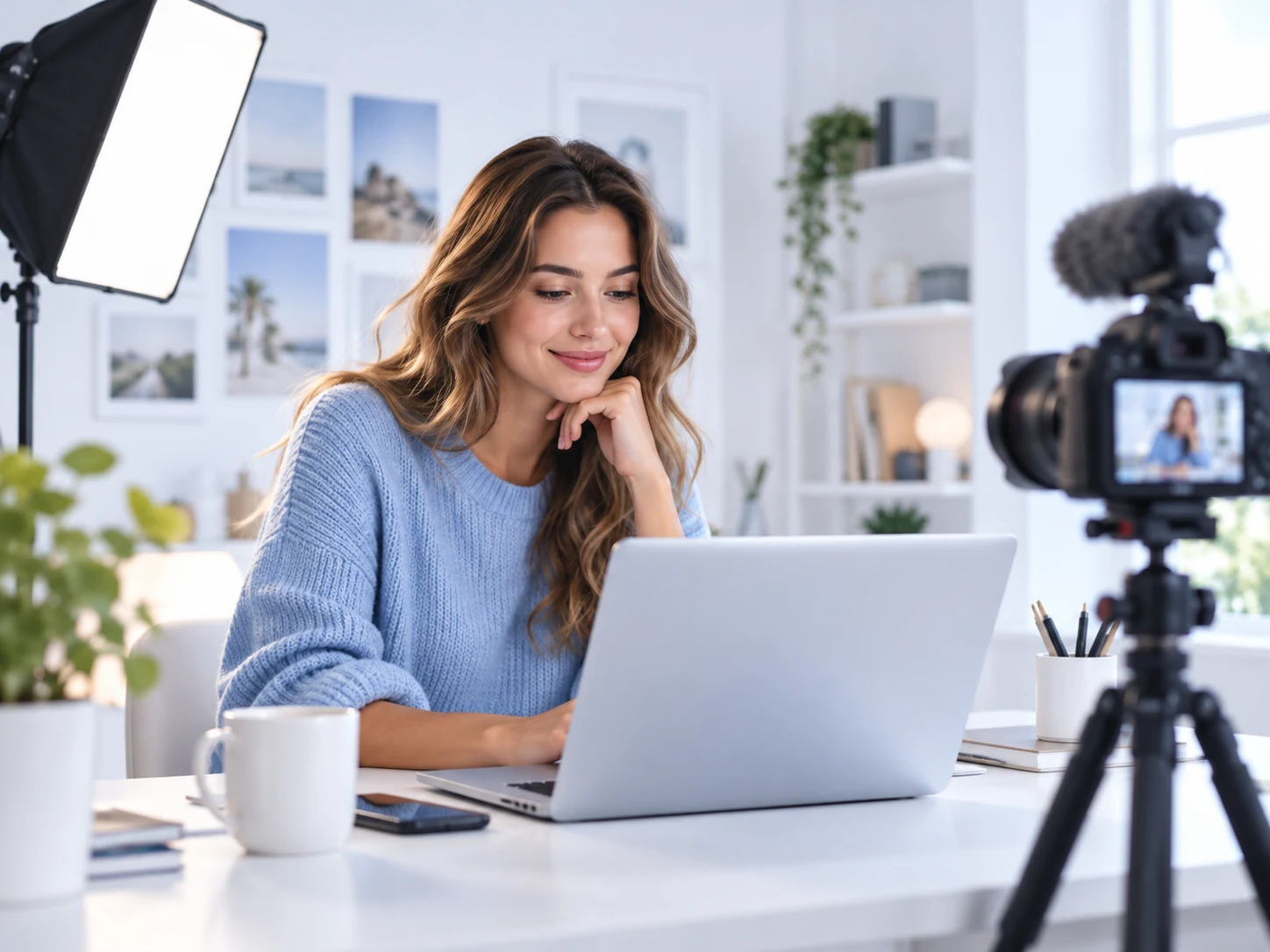 A woman preparing video content on a laptop beside a camera, microphone, and studio light
