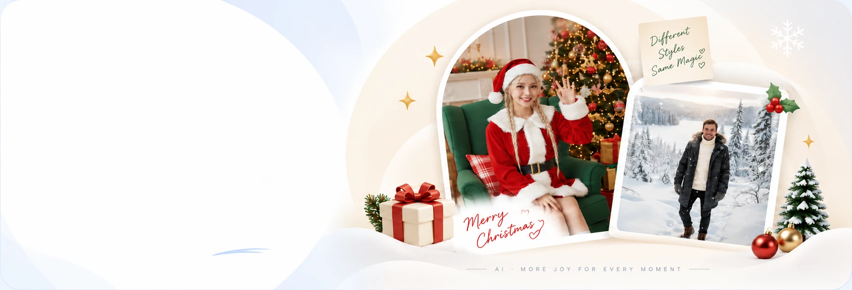 AI-generated Christmas portraits of a woman in a Santa outfit and a man in a snowy forest, with gifts, a Christmas tree, and festive frames
