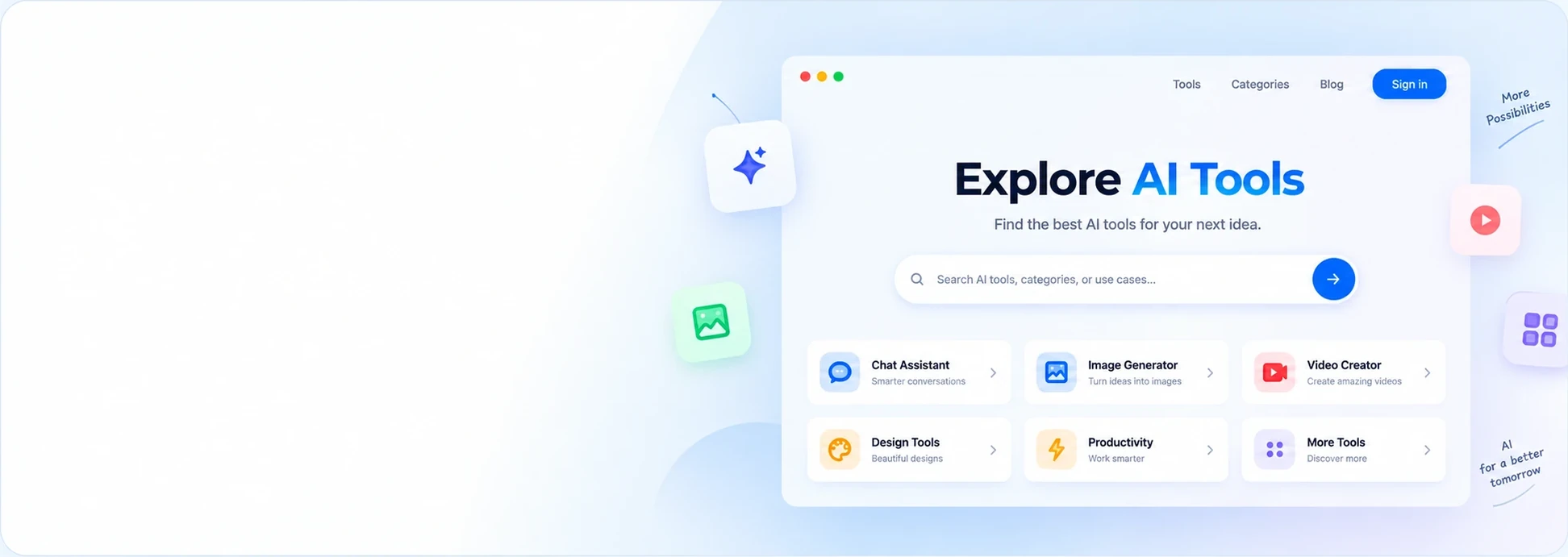 An AI tool directory mockup with search and categories for chat assistants, image generation, video creation, design, and productivity